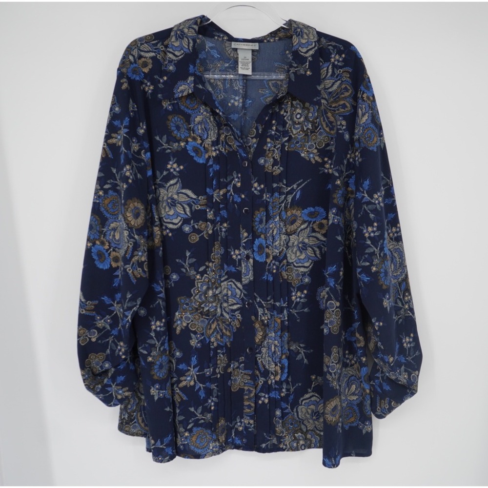 Catherines Navy Blue Floral Paisley Pintuck Blouse Womens 2X Long Sleeve Mature